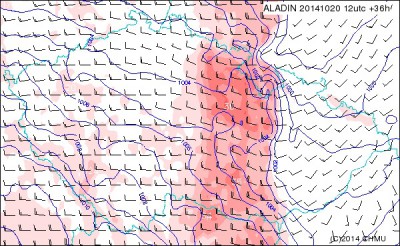 Předpovídaná rychlost větru 22.10.2014 ve 2:00 SELČ podle modelu ALADIN