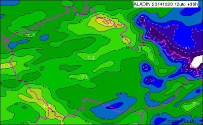 Předpovídané 6hodinové úhrny srážek pro 22.10.2014 2:00 SELČ podle modelu ALADIN