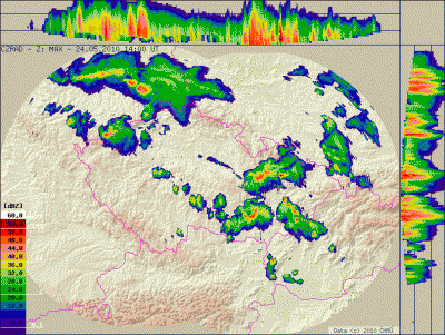 Animace radarových snímků 14:00—14:45 UTC (Data © 2010 ČHMÚ)
