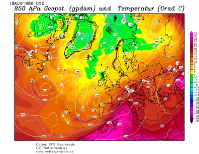 Reanalyzy CFSR 18.08.1986 00 UTC Teplota a Geopotencial v 850 hPa