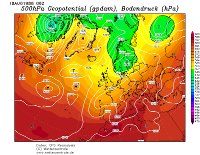 18.08.1986 06 UTC Prizemni tlak a 500 hPa Geopotencial