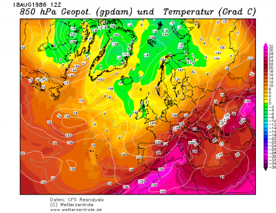 18.08.1986 12 UTC Teplota a Geopotencial 850 hPa