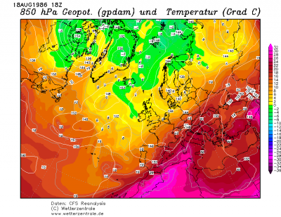 18.08.1986 18 UTC Teplota a Geopotencial 850 hPa