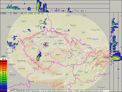 Radarová animace z 6.7.1999. Pozice křížku značí obec Opařany. <br />(c) 1999 Český hydrometeorologický ústav