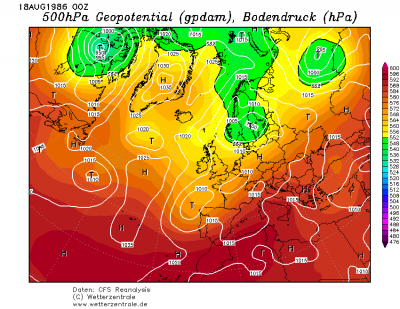 Reanalyzy CFSR 18.08.1986 00 UTC Tlak a Geopotencial 500 hPa