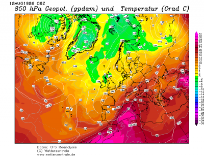 18.08.1986 06 UTC Teplota a Geopotencial 850 hPa