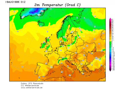 Reanalyzy CFSR 19.08.1986 00 UTC Teplota ve 2m