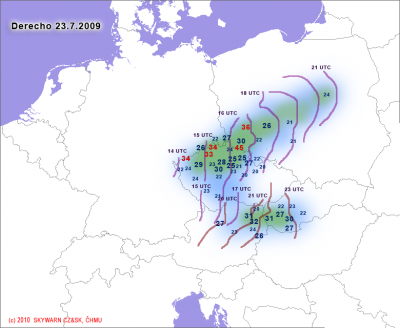 Postup derecha přes ČR a Polsko a dalšího konvektivního systému přes JZ Slovensko(čísla jsou nárazy větru v m/s)