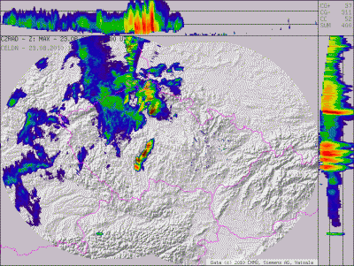 Animace radarových snímků a bleskových dat 23. 8. 2010 13:00—15:30 UTC (Data © 2010 ČHMÚ)